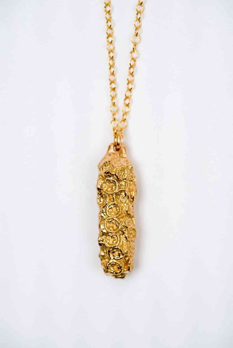 Neo Now Jewellery -6 An obling pendant made of bronze hand on a thin golden chain infront of an off-white background. The pendant is made from a maleluca seedpod cast in bronze