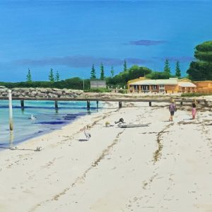 A large rectangular painting of Thomson Bay on Rottnest Island looking South. The white sand is dotted with seaweed and meets the calm turquoise water of the bay. A pelican sits at the water's edge. A couple walks alongside each other in the mid-ground.