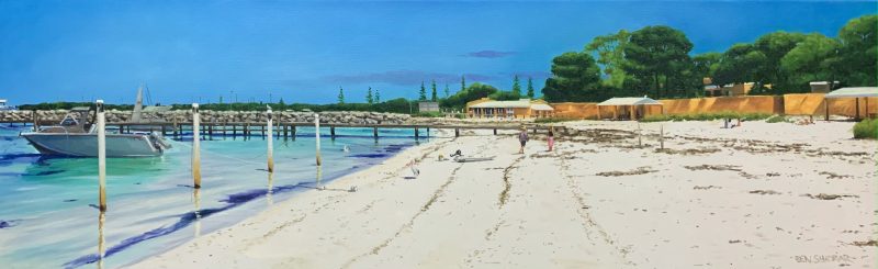 Off to the Bakery original oil painting by Ben Sherar A large rectangular painting of Thomson Bay on Rottnest Island looking South. The white sand is dotted with seaweed and meets the calm turquoise water of the bay. A pelican sits at the water's edge. A couple walks alongside each other in the mid-ground.