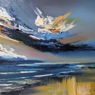 An expressive oil painting depicting the reflection of a storm over the ocean. Thick, textured brushstrokes in deep blues, greys, and golden tones create a dramatic sky swirling above turbulent waves. The foreground features streaks of ochre and muted green, suggesting coastal grasses or sand, while the dynamic clouds capture the energy and movement of an approaching storm.