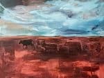 Acrylic painting depicting a group of cattle walking across a vast, reddish-brown plain under a dramatic sky. The animals appear as dark silhouettes against the textured earth, while sweeping strokes of blue, white, and grey clouds fill the upper half of the composition, evoking movement and atmosphere.