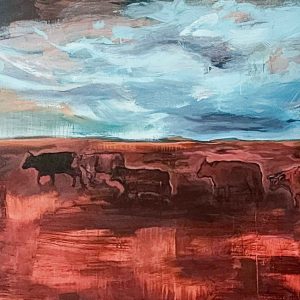 Acrylic painting depicting a group of cattle walking across a vast, reddish-brown plain under a dramatic sky. The animals appear as dark silhouettes against the textured earth, while sweeping strokes of blue, white, and grey clouds fill the upper half of the composition, evoking movement and atmosphere.