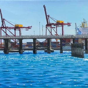 A large rectangular painting of the Swan River in Fremantle. In the foreground the blue waters of the Swan River sparkle in the sun. The Freo Old Bridge sits in the mid-ground with the iconic bright red and orange cranes in the distance.