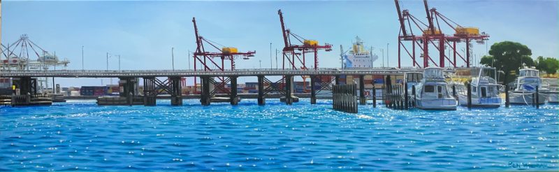 Sparkling Swan original oil painting by Ben Sherar A large rectangular painting of the Swan River in Fremantle. In the foreground the blue waters of the Swan River sparkle in the sun. The Freo Old Bridge sits in the mid-ground with the iconic bright red and orange cranes in the distance.