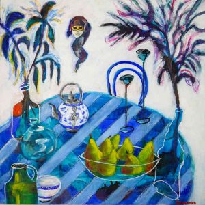Colourful mixed‑media still life painting featuring a round table with pears, a patterned teapot, green vessels, tall candle holders and expressive abstract plants. A stylised face with yellow glasses floats above the scene, adding a surreal, dreamlike quality.