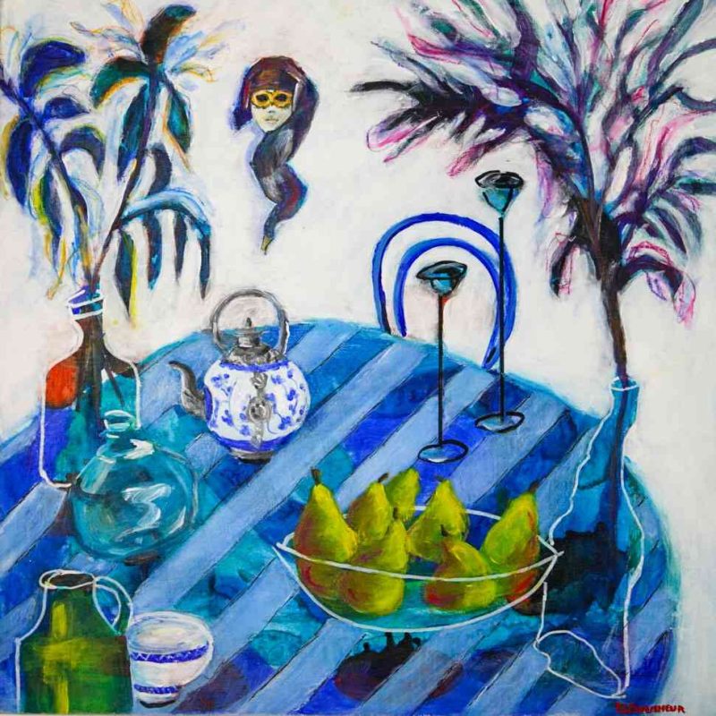 Story of The Special Things Chris LeFaucheur 01 Colourful mixed‑media still life painting featuring a round table with pears, a patterned teapot, green vessels, tall candle holders and expressive abstract plants. A stylised face with yellow glasses floats above the scene, adding a surreal, dreamlike quality.