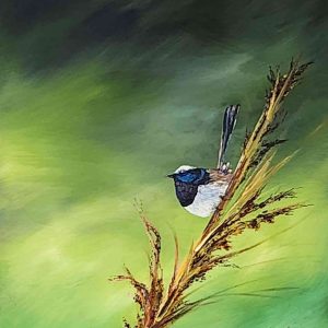 An oil painting titled “Whispering in the Reeds” by Sue Adams. It depicts a Variegated Fairy‑wren perched delicately on a golden reed against a softly blended green background. The bird’s vivid blue and white plumage contrasts beautifully with the warm tones of the reeds, creating a tranquil, jewel‑like moment of stillness within Australia’s wetlands. The artist’s signature appears in the lower right corner.
