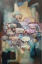 Acrylic painting depicting a group of stylised sheep clustered together against a softly abstract background. The animals are outlined in red and filled with muted tones of cream, grey, pink, and blue, creating a gentle, layered composition. The backdrop blends cool and warm hues, evoking a tranquil, atmospheric winter scene.