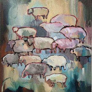 Acrylic painting depicting a group of stylised sheep clustered together against a softly abstract background. The animals are outlined in red and filled with muted tones of cream, grey, pink, and blue, creating a gentle, layered composition. The backdrop blends cool and warm hues, evoking a tranquil, atmospheric winter scene.