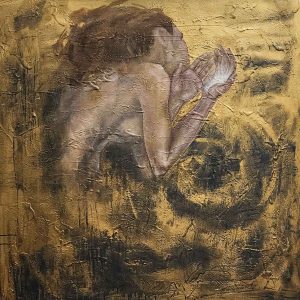 Oil painting depicting a nude female figure in profile, her body turned and hands raised as if releasing or receiving light. The background is richly textured with swirling gold and dark tones, creating a sense of movement and depth. The composition conveys strength, introspection, and spiritual energy through its dramatic contrasts and tactile surface.
