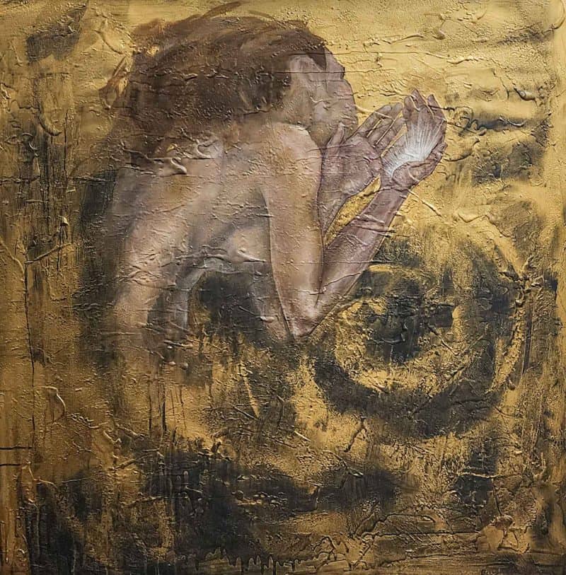 Woman Of Power Oil on canvas 100x100cm Oil painting depicting a nude female figure in profile, her body turned and hands raised as if releasing or receiving light. The background is richly textured with swirling gold and dark tones, creating a sense of movement and depth. The composition conveys strength, introspection, and spiritual energy through its dramatic contrasts and tactile surface.