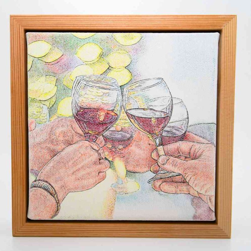Big K- Cheers! (1) A framed ballpoint pen drawing on canvas showing four hands raising glasses of red wine in a toast. The background features soft yellow and pink tones suggesting light and celebration.