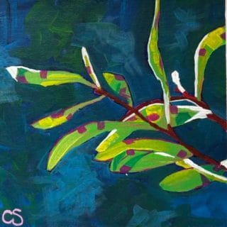 Contemporary acrylic painting by Cathy Schultz depicting a stylized branch with elongated green and yellow leaves accented by magenta patches. The branch stands out against a deep blue background, creating a vivid contrast and dynamic composition. The artist’s initials ‘CS’ appear in the lower left corner.
