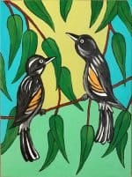 Painting of two black and white honeyeater birds with orange wing patches perched on red branches among green eucalyptus leaves, set against a turquoise and yellow background.