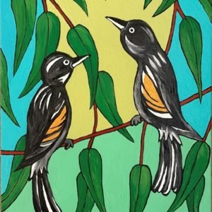 Painting of two black and white honeyeater birds with orange wing patches perched on red branches among green eucalyptus leaves, set against a turquoise and yellow background.