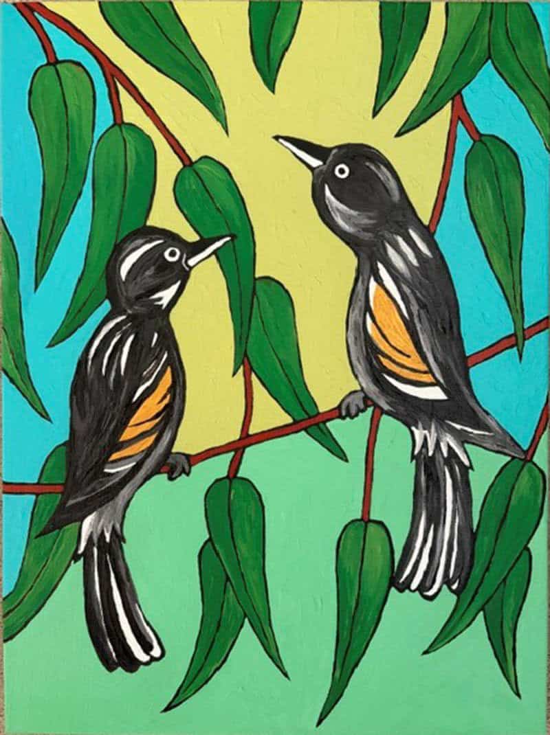 Honey Eaters 30cm x 40cm Painting of two black and white honeyeater birds with orange wing patches perched on red branches among green eucalyptus leaves, set against a turquoise and yellow background.
