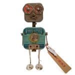 Oomi-Broe Robot sculpture made from vintage tins and metal parts with a smiling face