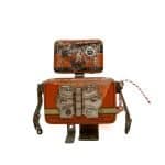Oomi-Fli Small robot sculpture made from orange vintage tins, metal hinges, and brackets with a rustic finish.