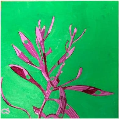 “Contemporary acrylic painting by Cathy Schultz featuring a stylized purple and magenta plant set against a vivid green background. The composition highlights elongated leaves and stems with geometric accents, creating a bold contrast and modern botanical aesthetic