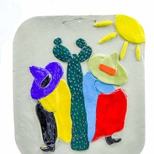 Two Brightly dressed menin sombreros sit below a san pedro cactus and a shining sun on this rectangular piece of decorative stoneware